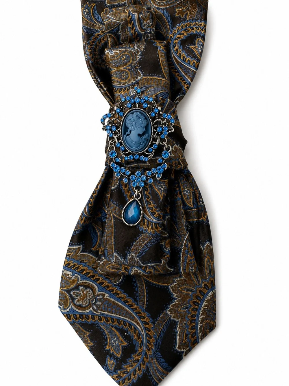 Vintage-Inspired Blue Cameo Tie Pin on Paisley Necktie